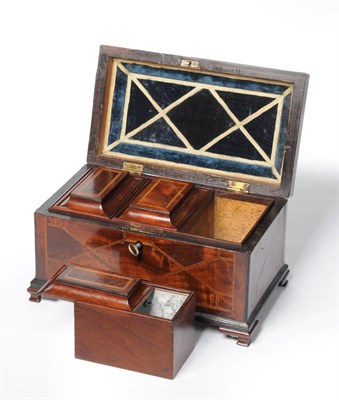 Lot 1205 - A George III Padouk and Boxwood Lined Parquetry Tea Caddy, the hinged cover with cast scroll...