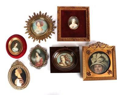 Lot 115 - A group of seven 19th and 20th century portrait miniatures depicting ladies