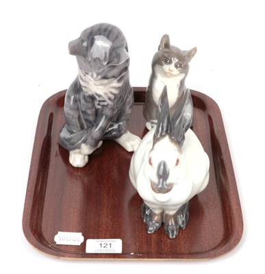 Lot 121 - Royal Copenhagen; Seated cats, numbers 340 and 1803 and Rabbit, number  4676