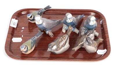 Lot 124 - Royal Copenhagen; six bird models comprising two Budgerigars numbered 457; two blue tits...