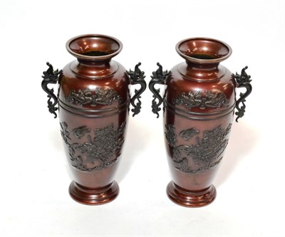 Lot 155 - A pair of Japanese bronze twin-handled vases, late 19th/early 20th century