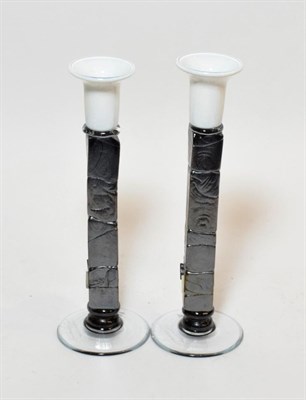 Lot 164 - Mihai Topescu (Romanian) A pair of art glass candlesticks with metallic finish, signed