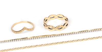 Lot 171 - Two bracelets, stamped '9KT, both (a.f.); a 9 carat gold textured wishbone ring, finger size P; and