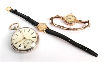 Lot 195 - A lady's wristwatch signed Omega; a 9 carat gold lady's wristwatch; and a silver open faced...