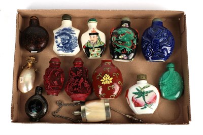 Lot 206 - Thirteen assorted snuff bottles including cinnabar lacquer etc