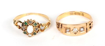 Lot 213 - A 15 carat gold diamond and seed pearl ring, finger size K1/2 ;and an opal, emerald and diamond...