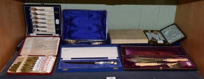 Lot 221 - Eight cases of various plated and other cutlery, to include: a pistol handled cake knife with...