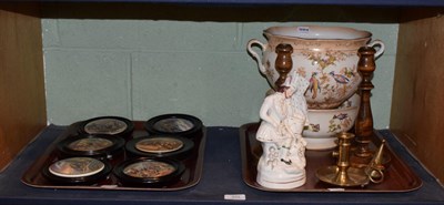 Lot 222 - Six framed pot lids, a Staffordshire figure, a pair of oak candlesticks, a brass candlestick...