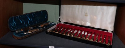 Lot 250 - Eight pairs of antler handled steak knives and forks, Samuel Peace, Sheffield, in a fitted...