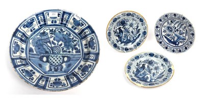 Lot 253 - 18th century Delft blue and white plate, 35cm diameter; together with three further Delft blue...