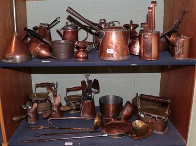 Lot 257 - ^ Two shelves of 19th century and later copper kitchenalia