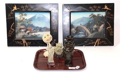 Lot 272 - Japanese 20th century school Mt Fuji oil on panel in a lacquered frame with companion, a pair...