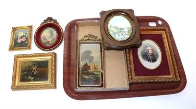 Lot 287 - Six assorted framed miniatures including a late 19th century porcelain example depicting an elderly