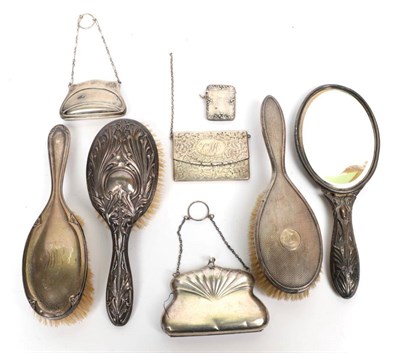 Lot 288 - Box of silver including two purses, card case, vesta and dressing table items