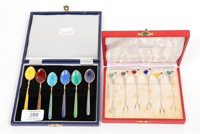 Lot 289 - A set of six silver gilt and enamel coffee-spoons, Birmingham 1979, enamelled in differing colours