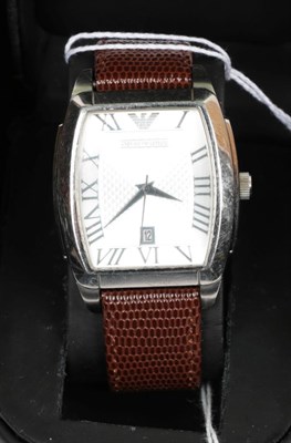 Lot 291 - A tonneau shaped stainless steel calendar centre seconds wristwatch, signed Emporio Armani,...