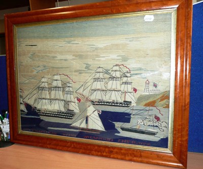 Lot 1223 - A Woolwork Picture of Three Ships at the Battle of Trafalgar, 19th century, depicting The...