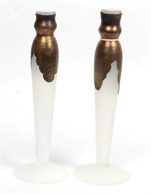 Lot 310 - Mihai Topescu (Romanian) A pair of frosted glass candlesticks with metallic decoration