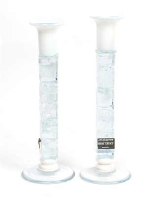 Lot 311 - Mihai Topescu (Romanian) A pair of opaque and clear art glass candlesticks, signed