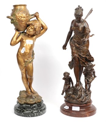 Lot 342 - ^ A French spelter figure group, 58cm high; and a French gilded metal figure after Moreau...