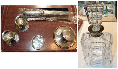 Lot 350 - A silver capstan-form inkwell, Birmingham, 1912, filled, 13cm. diam.; a pair of dwarf silver...