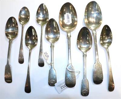 Lot 352 - Nine assorted silver spoons, comprising a pair of Fiddle pattern spoons, engraved with...