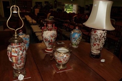 Lot 359 - ^ Two Japanese earthenware table lamps; and a Japanese twin-handled vase (3)