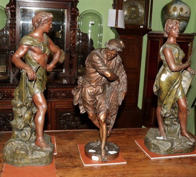 Lot 369 - ^ A pair of French spelter figures, 'Glorification du Travail' and 'Genie du Travail', 61cm...