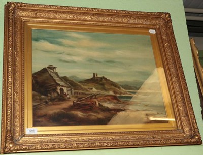 Lot 1005 - English School, 19th century, Coastal landscape with ruin, monogrammed, oil on canvas, 42cm by...