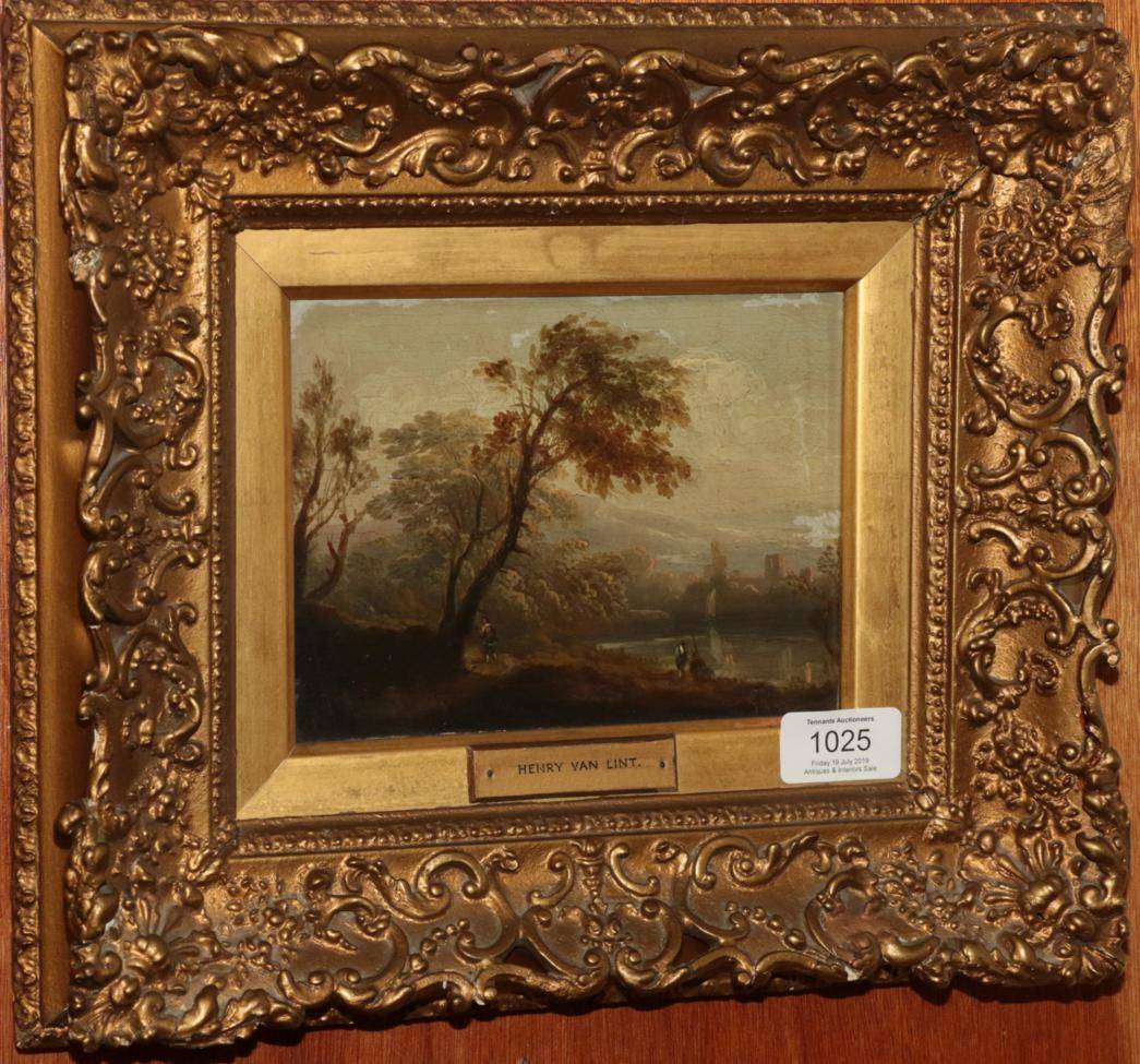 Lot 1025 - Follower of Henry Van Lint, figures by a lake, oil on board, 12.5cm by 16.5cm