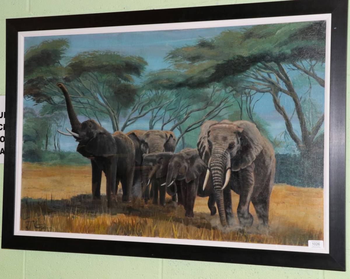 Lot 1026 - Follower of Terence Tenison Cuneo CVO OBE RGI FGRA (1907-1996) Herd of elephants before trees,...