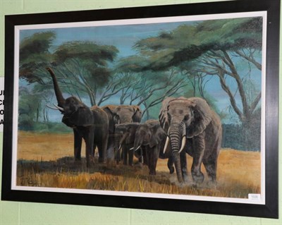 Lot 1026 - Follower of Terence Tenison Cuneo CVO OBE RGI FGRA (1907-1996) Herd of elephants before trees,...