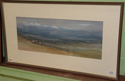 Lot 1035 - Brian Irving, Dales landscape with sheep, watercolour, signed lower right, artist's label...