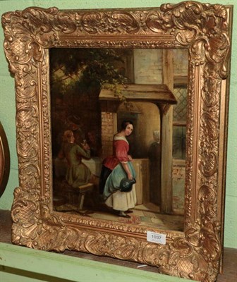 Lot 1037 - After Jan Steen (19th century) Town square with barmaid and jug, oil on canvas laid on board,...