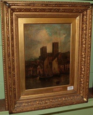 Lot 1039 - British School (19th century), Lincoln Cathedral from Brayford Pool, oil on board, 35cm by 26cm