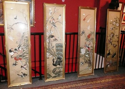 Lot 1235 - A Set of Four Chinese Painted Silk Ornithological Panels, circa 1920, each depicting numerous...