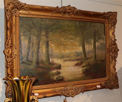 Lot 1058 - ^ Dutch school (20th century), Single figure by a river in autumnal landscape, indistinctly signed