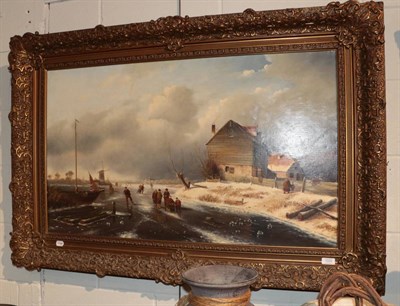 Lot 1059 - ^ E U Heck, (20th century) Ice skating on a canal, Holland, signed, oil on canvas, 58cm by 98.5cm