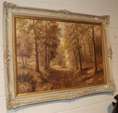 Lot 1060 - ^ L* Woudsten, 20th century, The woodland path, signed, oil on canvas, 88.5cm by 98.5cm