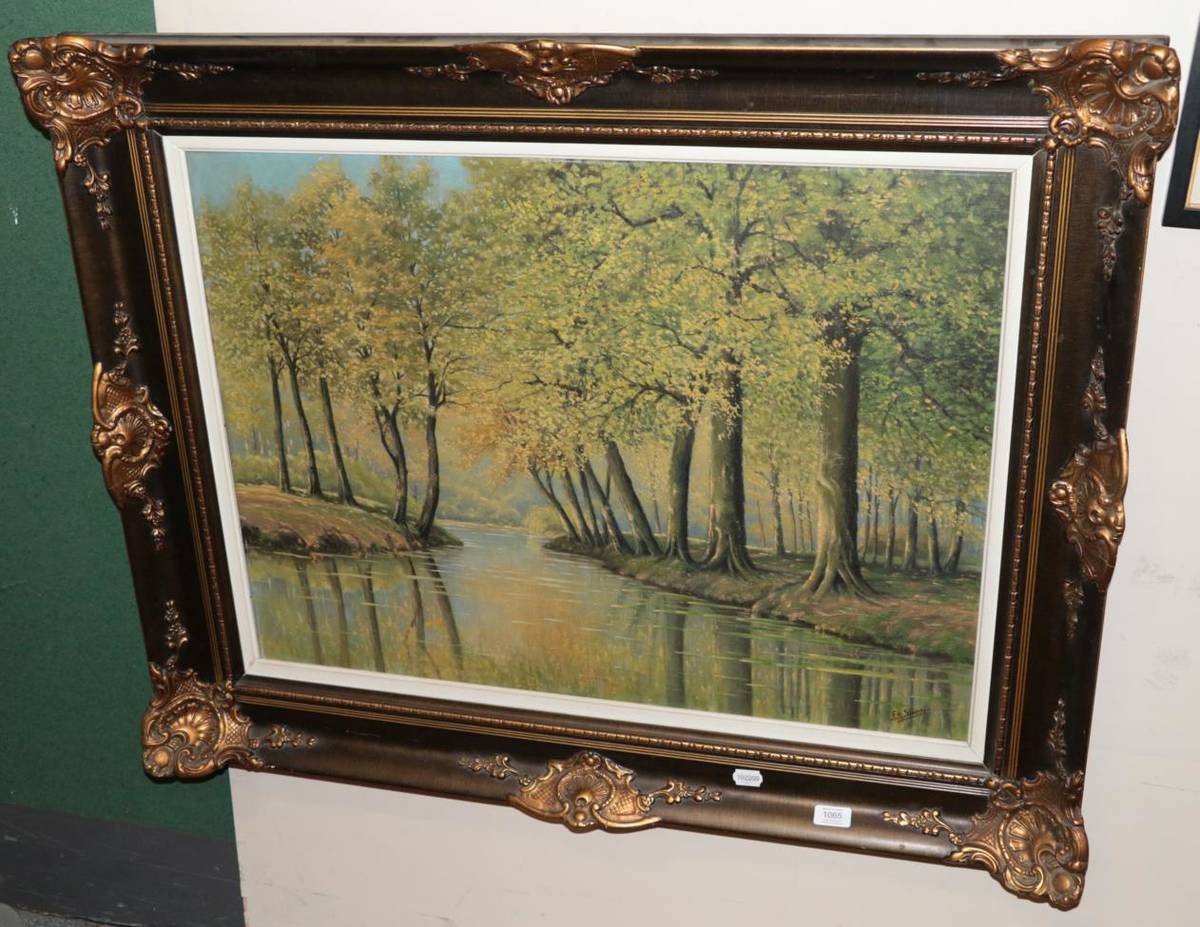 Lot 1065 - ^ F R Simon (20th century) Woodland river landscape, signed, oil on canvas, 59cm by 80cm