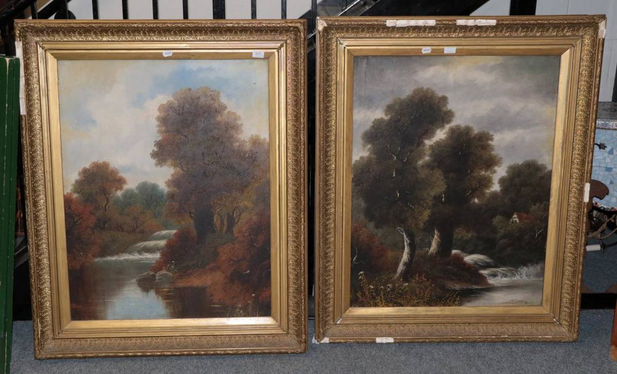 Lot 1071 - ^ T* Thornley (19th century) Woodland waterfalls, signed, oil on canvas, a pair, 90cm by 70cm (2)