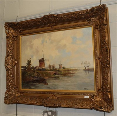 Lot 1073 - ^ J* Schipperus, 20th century, Dutch Canal scene with moored boats, signed, oil on canvas, 57cm...