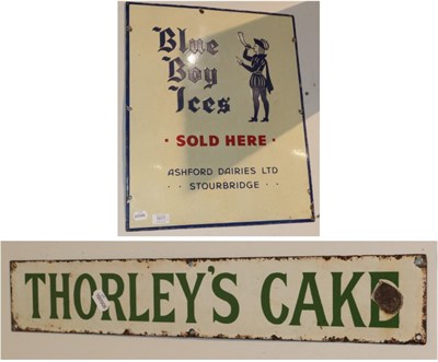 Lot 1077 - ^ A single sided enamel advertising sign, Thorleys Cake, 10cm by 61cm; and a single sided...