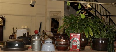 Lot 1101 - ^ A quantity of kitchenalia to include copper kettle; enamel porridge pan; brass and copper...