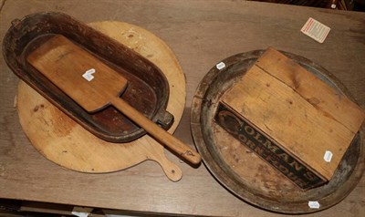 Lot 1102 - ^ A large circular pine serving board for Colmans British Corn-Flour; two wooden boards; and a 19th