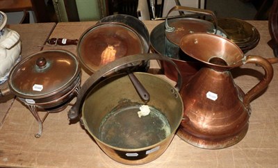 Lot 1104 - ^ A brass warming pan; a brass jam pan; and a quantity of assorted copper pans and bowls