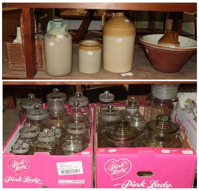 Lot 1108 - ^ Two boxes of glass kitchen jars; assorted stoneware vases; stoneware jars and a mixing bowl