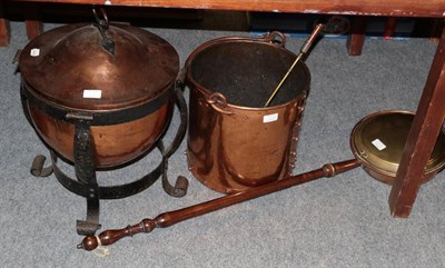 Lot 1117 - Copper log bin; Arts and Crafts style copper coal bucket; quantity of brass and copper