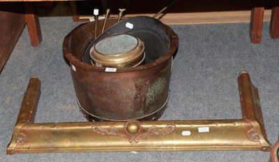 Lot 1121 - A Victorian brass fire curb; a copper coal bucket; brass fire irons; coal helmet etc
