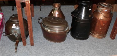 Lot 1127 - ^ Copper jug; copper fish kettle; two milk churns; and a copper hot water urn